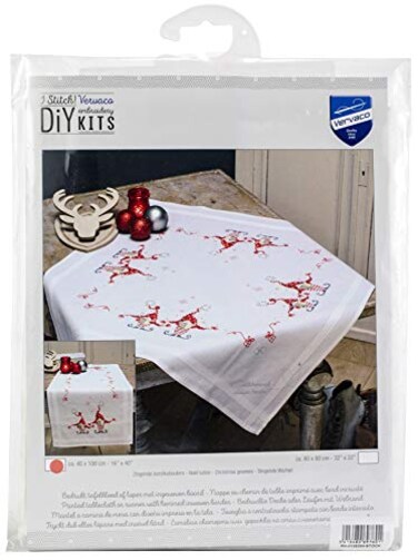 Vervaco Stamped Cross Stitch Table Runner Kit for Christmas Caroling Gnomes Holiday Embroidery Set ca 16 x 40 DIY Home Decor Art and Craft Supply Creative Gift for Crafters