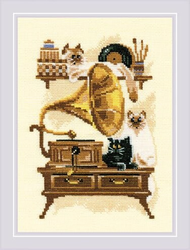 RIOLIS Cat with Gramaphone 859 Cat Lovers Cross Stitch Kits 7 x 9 Cross Stitch Kits for Beginners Advanced Crossstitching Kit Adult Animals Embroidery Kit
