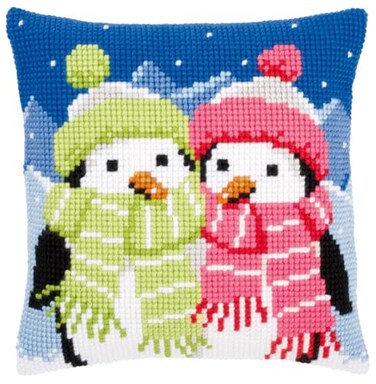 Vervaco Cross Stitch Cushion Kit Penguins with Scarf 16 x 16