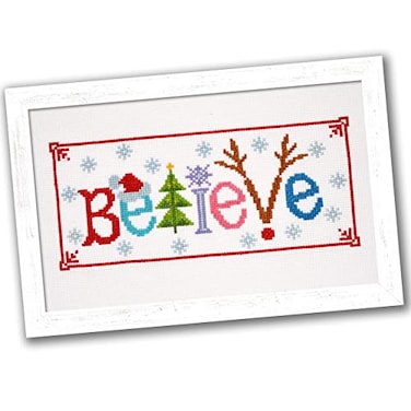 Povitrulya Counted Cross Stitch Kit Believe Embroidery Set for the Holidays Encouragement or Inspiring Everyday Possibilities with a Christmas Tree Snowflake Deer and Santa Hat