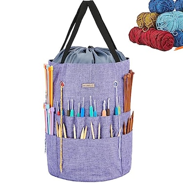 HOMEST Large Crochet Bag with Customized Front Compartment for Knitting Accessories Yarn Storage with 6 Oversized Grommets Tote Organizer with Drawstring Closure Purple