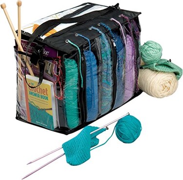 MEKBOK Knitting Organizer Portable Knitting Yarn Storage Bag With Multiple Pockets Individual Compartments Carrying Shoulder Strap Clear Plastic Tote Bag For Needles Crochets Threads