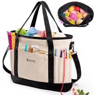 MYBAGZING Canvas Yarn Storage Organizer Bag Washable Crochet Bag with Pockets for Yarn Hooks Needles Travel Knitting Tote for Crafters Gift for Crocheters Knitters MediumLarge