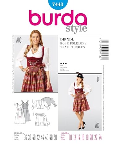 burdastyle Burda 7443 Dirndl Robe Folklore Sewing Pattern Traje Tiroles