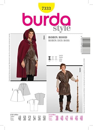 burdastyle BURDA STYLE 7333 ROBIN HOOD COSTUME CAPE SHIRT SEWING PATTERN MENS SIZES 38 40 42 44 46 48