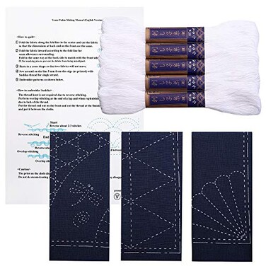 Daruma Sashiko kit Yokota Sashiko Thread and Template Yume Fukin with Original English Manual Fabric Japanese Textile White ThreadNavy Dishcloth 2