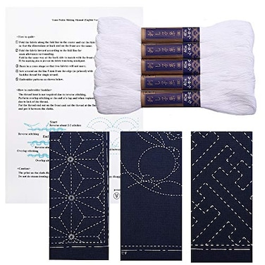 Daruma Sashiko kit Yokota Sashiko Thread and Template Yume Fukin with Original English Manual Fabric Japanese Textile White ThreadNavy Dishcloth 3