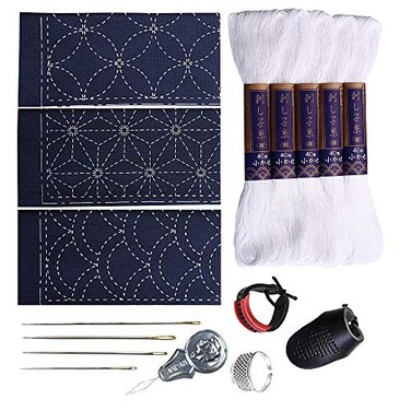 Verve Joy Sashiko kit Yokota Sashiko Thread Needles and Template Yume Fukin with Original English Manual Thimble Sewing Set Fabric Japanese Textile White Thread Navy Dishcloth