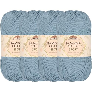 BambooMN JubileeYarn Bamboo Cotton Sport Yarn 50gSkein Faded Glacier Blue 4 Skeins