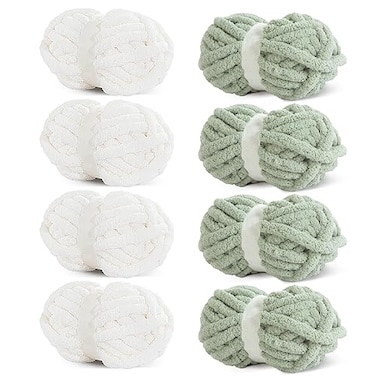 HOMBYS Chunky Chenille Yarn for Crocheting Super Bulky Jumbo Yarn for Hand Knitting 34 Thick Soft Plush Yarn for Blankets 8 Skein Pack 27 yds 8 oz Each Multi Assorted White Sage Green