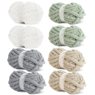 HOMBYS Chunky Chenille Yarn for Crocheting Super Bulky Jumbo Yarn for Hand Knitting 34 Thick Soft Yarn for Blankets 8 Skein Pack 27 yds 8 oz Each Multi Assorted Cream Khaki Sage Grey