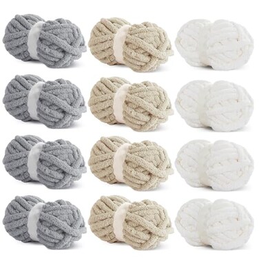 HOMBYS Chunky Chenille Yarn for Crocheting Super Bulky Jumbo Yarn for Hand Knitting 34 Thick Soft Plush Yarn for Blankets 12 Skein Pack 27 yds 8 oz Each Multi Assorted Cream Grey Khaki