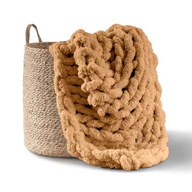 Adyrescia Chunky Knit Blanket Throw 100 Hand Knit with Jumbo Chenille Yarn 50x60 Caramel Brown