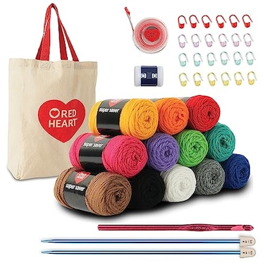 Red Heart Super Saver Yarn Stitchers Kit 12 Balls 1 Tote Bag 1 Knitting Needle 1 Crochet Hook 1 Measuring Tape 1 Knit Counter