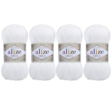 Alize 100 Microfiber Acrylic Diva Silk Effect Knitting Sport Crochet Yarn Lot of 4 Ball skeins 400gr 1532yds Color 55 White