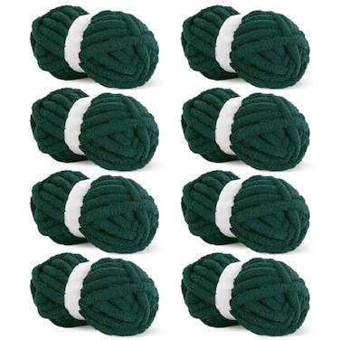 Hombys Dark Green Chunky Chenille Yarn for Crocheting and Knitting Super Bulky Thick Fluffy Yarn for Hand Knitting Blanket Soft Plush Yarn 8 Jumbo Pack 27 yds 8 oz Each Skein