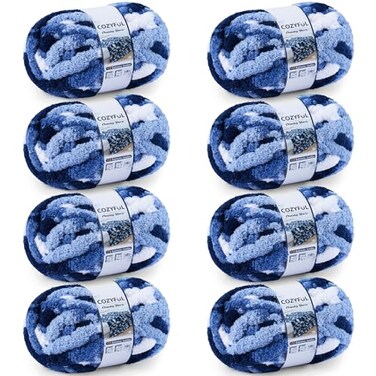 Cozyful Chunky Yarn for Hand Knitting 10 Chunky Chenille Blanket Yarn Jumbo Big Thick Chunky Yarns for Crocheting Tie Dye Bulky Knit Yarns 8 Skein 20 yds 8 oz Each Skein Multi Blue White