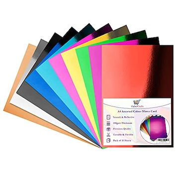 Habercrafts Assorted Colour Mirror Card A4 Coloured Metallic Mirror Board Thick 250gsm Card Shiny Sheets Mirror Foil Activity Craft Cardstock Reflective Shimmer Mirror Finish 10 Assorted Colours 10 Sh