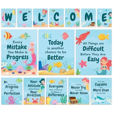 Decorably 15 Welcome Under the Sea Classroom Decorations Inspirational MatteLaminated Posters for School Hallways Bulletin Boards