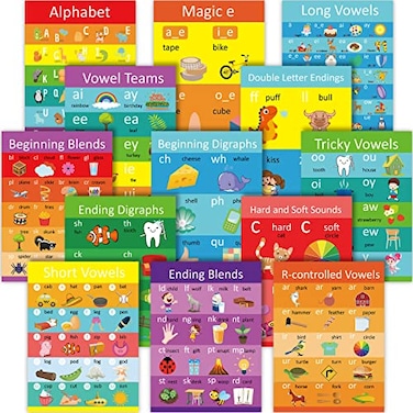 Eersida 13 Pcs Phonics Vowels Chart Posters Educational Alphabet Poster for Toddler Kids Alphabet Letters for Wall English Learning Poster Phonics Blending Chart for Classroom Wall Bulletin Board