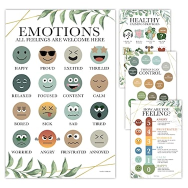 Hadley Designs Feelings Chart for Classroom Must Haves Emotions Chart for Toddler Calm Down Corner SuppliesFeelings Wheel Mental Health Social Emotional Learning Posters Greenery Classroom Decor