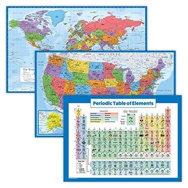Palace Learning 3 Pack World USA Map Poster Set Periodic Table of the Elements Chart for Kids LAMINATED 18 x 29