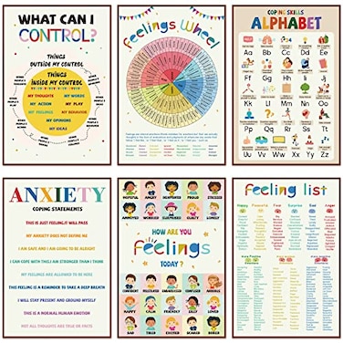 Eaasty 6 Pcs Mental Health Coping Skills Posters Feeling Color Wheel Educational Emotions Therapy Wall Art for Classroom School Office Pediatric Counseling