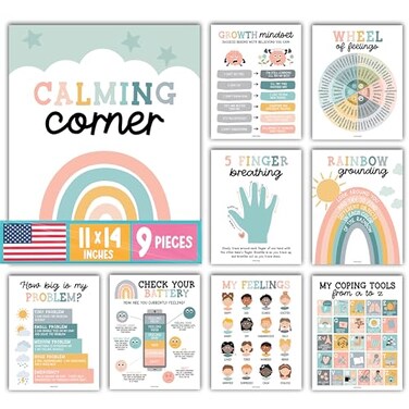 Hadley Designs 9 Calming Corner Posters for Classroom Must Haves Calm Down Corner Supplies with Emotions Chart School Counselor Mental Health Poster Feelings Chart For Kids Boho Classroom Decor