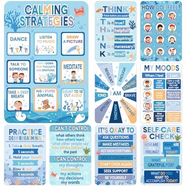 Pajean 10 Pcs Calming Corner Classroom Poster Ocean Mental Health Poster Calm Down Corner Feeling Chart Under the Sea Emotion Coping Skills Educational Therapy for Classroom Wall Decoration