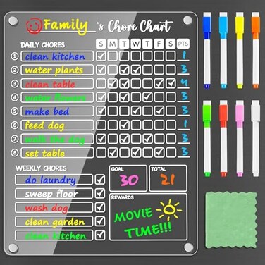 PigPotParty Acrylic Magnetic Chore Chart for Kids on Fridge 95x12 Daily Weekly Dry Erase Chore Board with 8 Fine Tip Markers and 1 Towel Responsibility Chart with Reward Point System