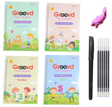 Groovd Childrens Magic Copybooks Reusable Grooved Writing Books for Kids Handwriting Practice Workbooks Calligraphy Learning Kit Tracing Tools Set 4 Books with Pen Ink Refills Ages 38