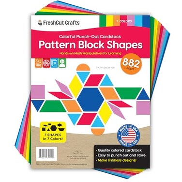 FreshCut Crafts 882 Pcs Pattern Block Shapes Math Manipulatives for Learning Multicolor Triangles Squares Hexagons and more EasyPunch Paper Shape Cutouts in 7 Bright Colors US Made Card Stock