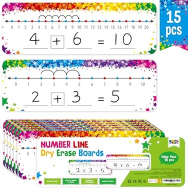 SpriteGru 15 PCS Number Line Dry Erase Boards Writable and Erasable Double Sided Board010 on One Side 020 on Other Side Math White Board for Kids Students Classroom and Home 12 x 4 Colorful Stars