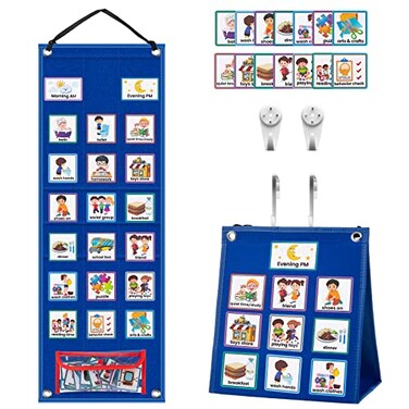 KIKIGOAL Kids Visual Schedule Calendar Chart 2 in 1 Autism Daily Chore Routine Chart with 70 Cards Autism Learning Materials Kids Visual Behavioral Tool Wall Planner for Home School Blue