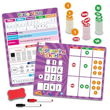 D-FantiX Regrouping Base Ten Place Value Addition and Subtraction Math Manipulatives for 1st 2nd 3rd Grade Double Sided Magnetic Dry Erase Board for Kids Classroom Must Haves Homeschool Supplies