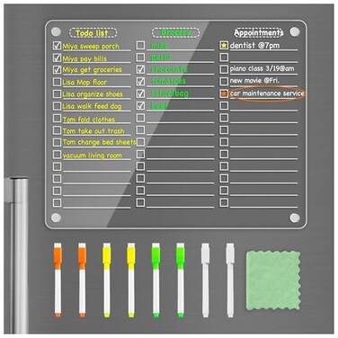 PigPotParty Acrylic Magnetic to Do List Whiteboard for Refrigerator 12x95 Inch Clear Dry Erase Checklist Board 3Column Fridge List with PreInstalled Embedded Magnet 8 Markers and 1 Towel