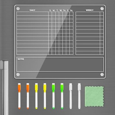 PigPotParty Acrylic Magnetic Chore Chart for Adults 12x95 Inch Clear Dry Erase Chore Board for Fridge Daily Weekly and Notes Sections PreInstalled Embedded Magnets 8 Finetip Markers and Towel