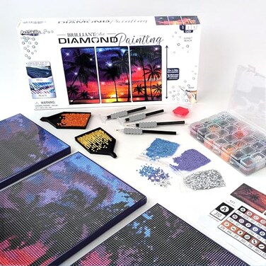 ArtSkills Diamond Painting Kit Diamond Art on Framed Canvas with Gem Storage Case and Accessory Kit Beach 3 Stretched Canvas Panels 14 x 7 Each