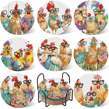 Leatrice 8PCS Chicken Diamond Art Coasters Small Diamond Painting Kits for Adults Diamond Dots Round Full Drill Diamond Coasters with Holder Easy Art Crafts for Beginners Kitchen Decro