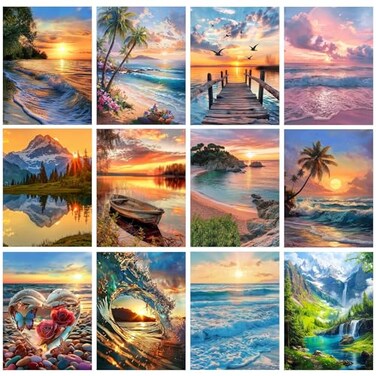 CreateJoy 12 Pack 5D Diamond Art Kits for Adults Beach Diamond Art DIY Paint with Round Full Drill Diamond dots for Beginners Gem Paintings for 12X16 Inch Home Wall Decor