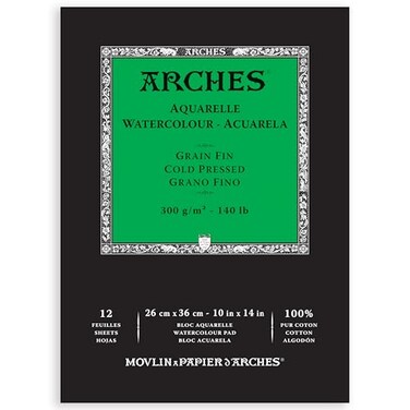 Arches Aquarelle Watercolor Paper Pad Cold Pressed 140lb300gsm 12 Sheet 10x14 inch 1 Count
