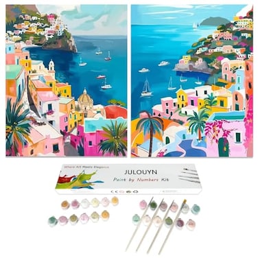 JULOUYN 2 Pack Paint by Numbers Kit for Adults Beginner Amalfi Coast DIY Canvas Art Kit for Home Decor Gift 16x20 in