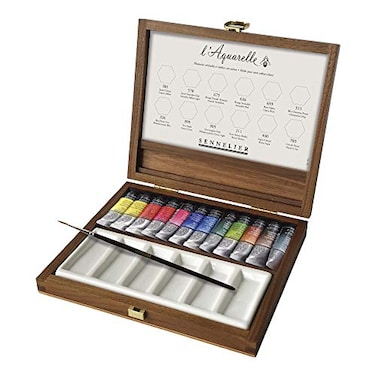 Sennelier French Artists Watercolor Walnut Box Set 10ml Tubes 12Colors