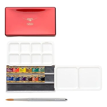 Holbein Artists Watercolors Set of 12 HalfPans with Brush Palm Box PN691
