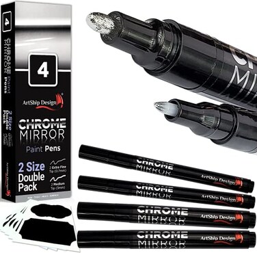 ArtShip Design 4 Chrome Mirror Paint Pens Double Pack of Both Extra Fine Medium Tip Markers for Models Cards Posters Rock Painting Mugs Ceramic Glass Wood Plastic Most Surfaces