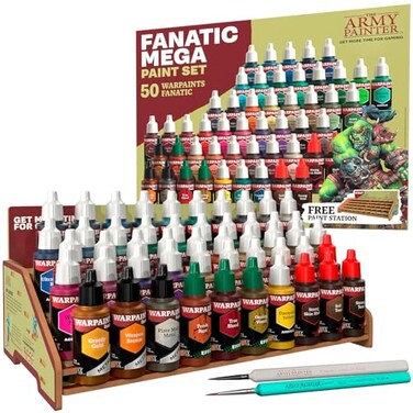 The Army Painter Warpaints Fanatic Mega Set Combo 50 x 18 mL Acrylic Paints incl Skin Tones Metallics Effects Washes 1 Free Paint Station 2 Brushes Model Paint for Warhammer DD