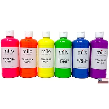 milo Fluorescent Neon Washable Tempera Paint 16 oz Bottles 6 Colors Made in the USA Glows UV in Black Light Safe NonToxic Paint for Arts Crafts Poster Window Classroom School Project