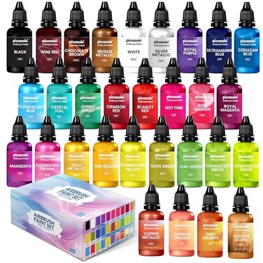 Piccassio Airbrush Paint 30 WaterBased QuickDrying Colors for Artists Beginners Ideal for Wood Ceramic Paper Plaster Canvas Plastic 30 mlbottle