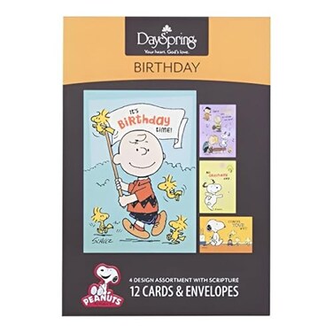 Dayspring Birthday Peanuts 4 Design Assortment with Scripture 12 Birthday Boxed Cards Envelopes