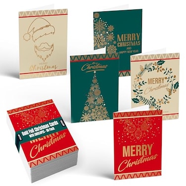 Better Office Products 50 Pack Christmas Cards with Gold Foil Iconic Images 5 x 7 High Gloss Gold Foil Interior Greeting with 50 Envelopes 50 Count Boxed Set